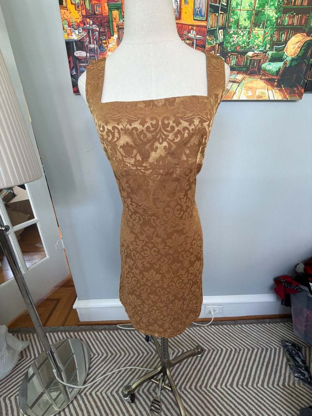 Karen Millen Gold Damask Jacquard Square Neck Sheath Dress Size 12